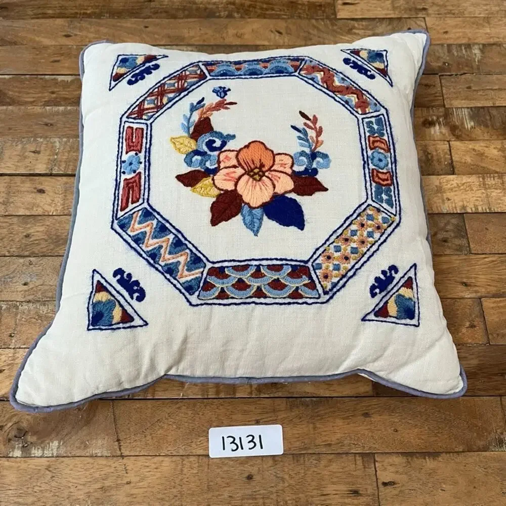 Handmade Throw Pillow 14 x 14 in White Linen Floral Embroidered Geometric